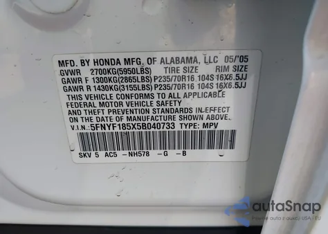 2005 Honda Pilot Ex-L z USA, uszkodzony, nr VIN 5FNYF185X5B040733